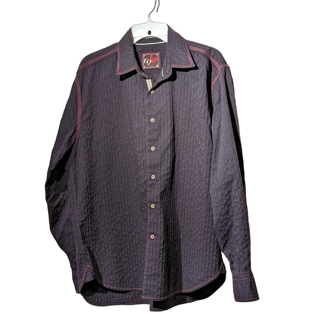 EQ Equilibrio Brown Orange Topstitch Cream Placket Button Up Shirt Mens XL